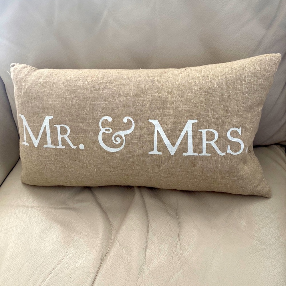 Mr. And Mrs. Tan & white linen w/slight sparkle fabric Wedding, Anniversary